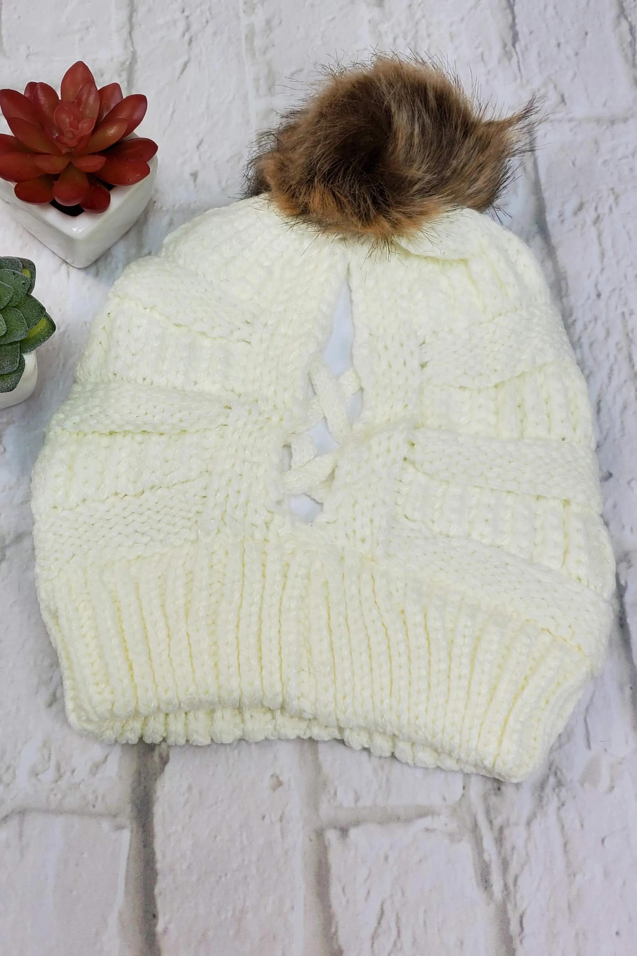 #17 Ivory Ponytail Pom-Pom Beanie