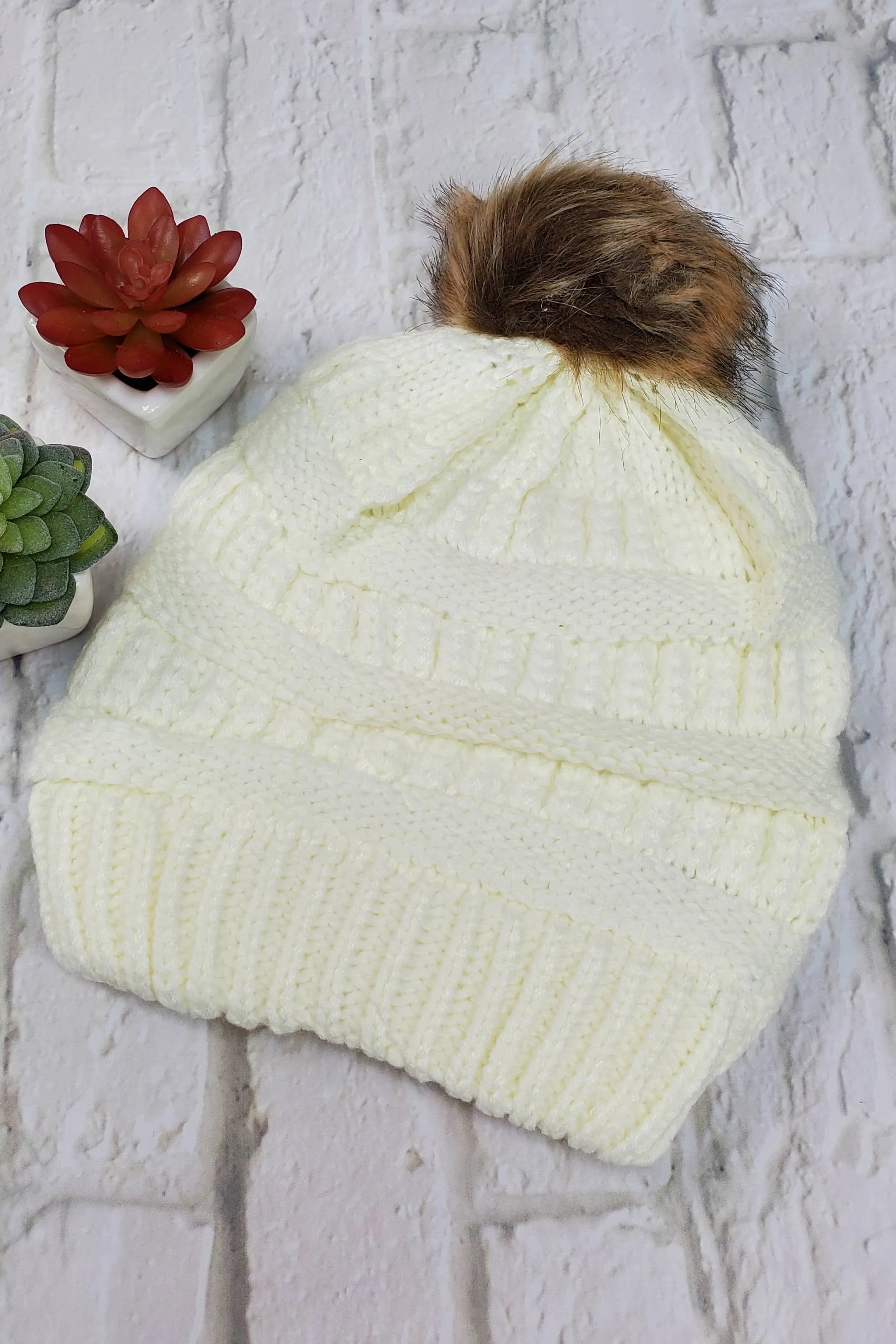 #17 Ivory Ponytail Pom-Pom Beanie