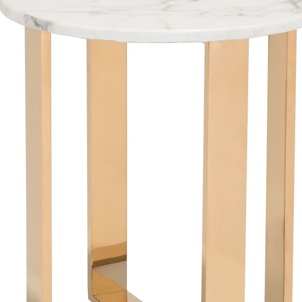 21" Gold And White Stone Round End Table By Homeroots