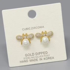 CZ Pave Bee With Pearl Gold Dipped Stud Earrings