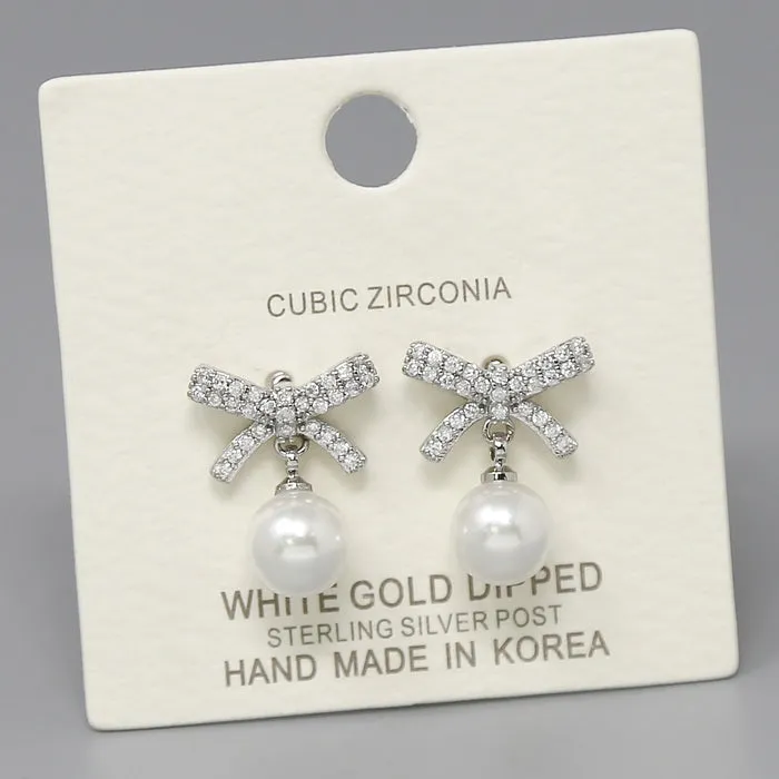 CZ Pave Bow With Pearl Drop Earrings