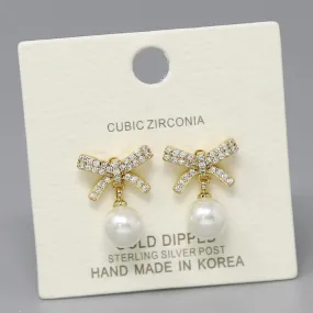 CZ Pave Bow With Pearl Drop Earrings