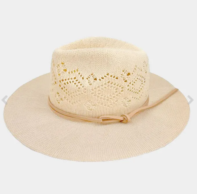 Faux Leather Trim Cut Out Detail Woven Hat (2 Colors)