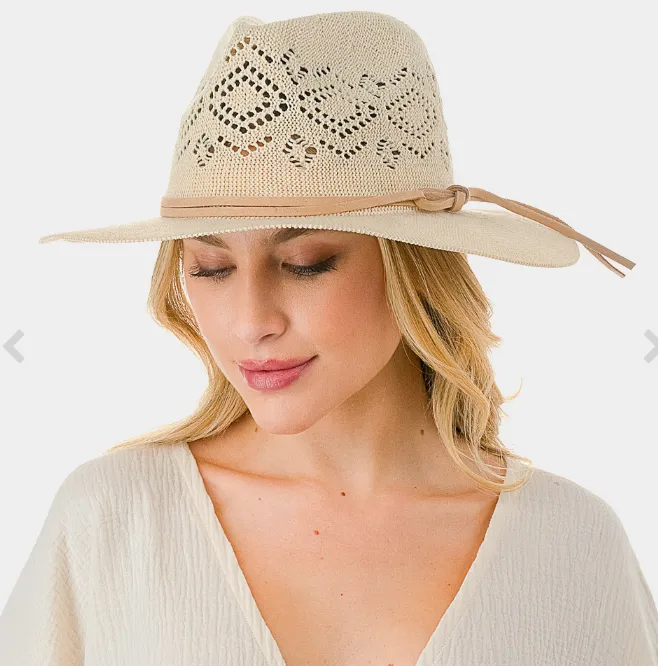 Faux Leather Trim Cut Out Detail Woven Hat (2 Colors)