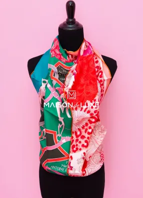 Hermes "Plumets du Roy" Green Pink Twill Silk 90 cm Scarf